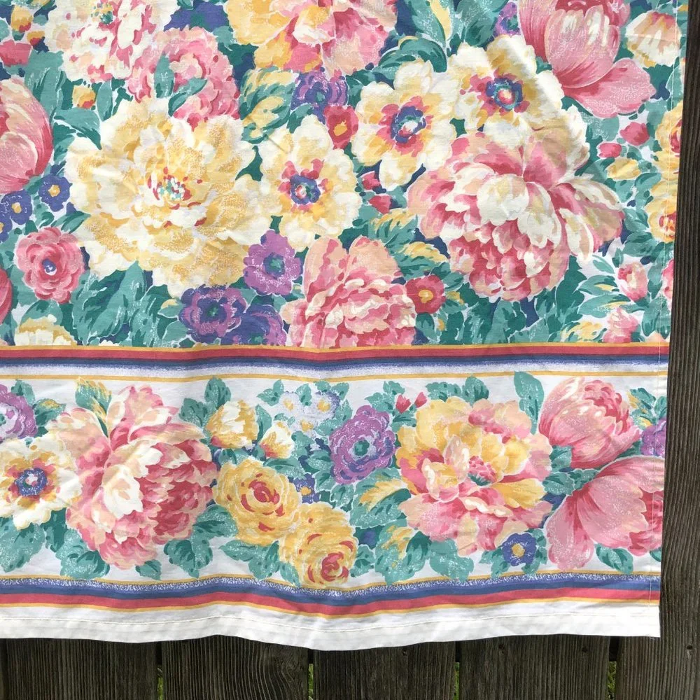 Vintage Cannon Floral Flat Sheet w/ Pillowcase Floral Print Border Made in USA